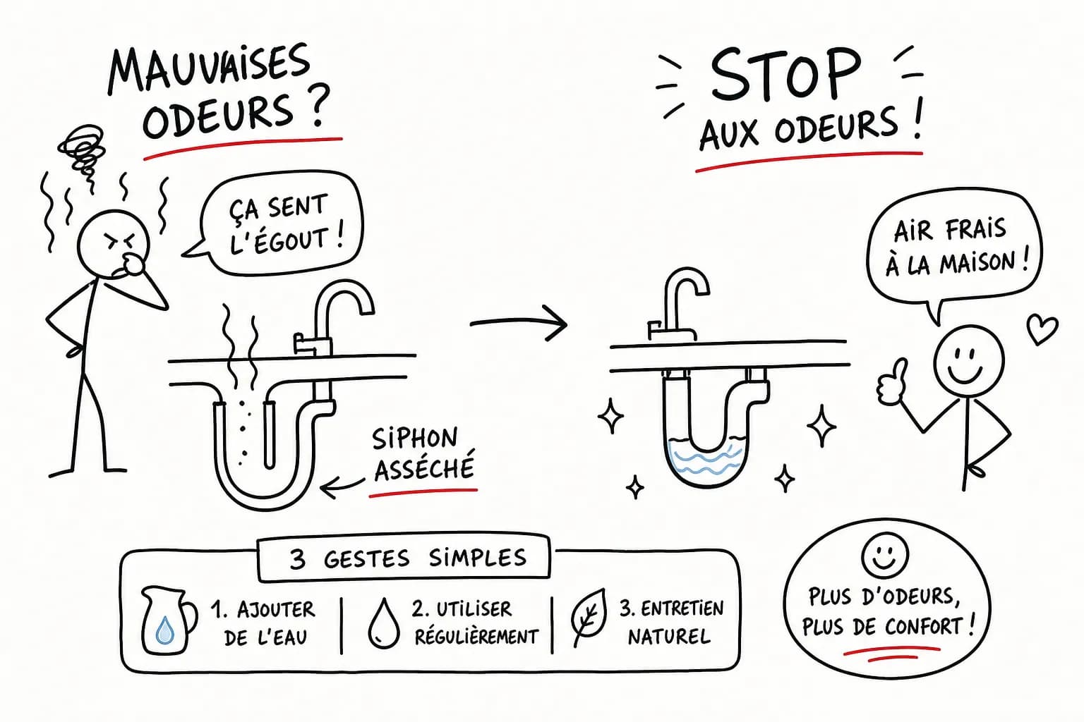 Schéma en deux temps : à gauche un siphon d'évier asséché, sans garde d'eau, par lequel les odeurs d'égout remontent ; à droite le même siphon dont la garde d'eau a été rétablie, et les odeurs ont disparu. En bas, trois gestes : ajouter de l'eau, utiliser l'évacuation régulièrement, entretenir sans produit agressif.