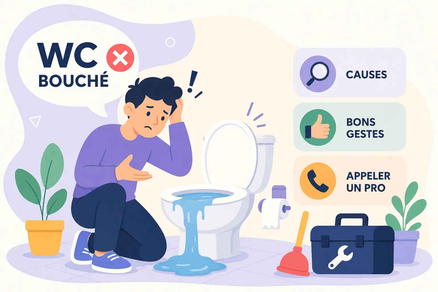 Schéma : une personne accroupie devant une cuvette de WC qui déborde, à côté d'une ventouse et d'une caisse à outils. Trois repères indiquent la marche à suivre — identifier les causes, appliquer les bons gestes, appeler un professionnel.