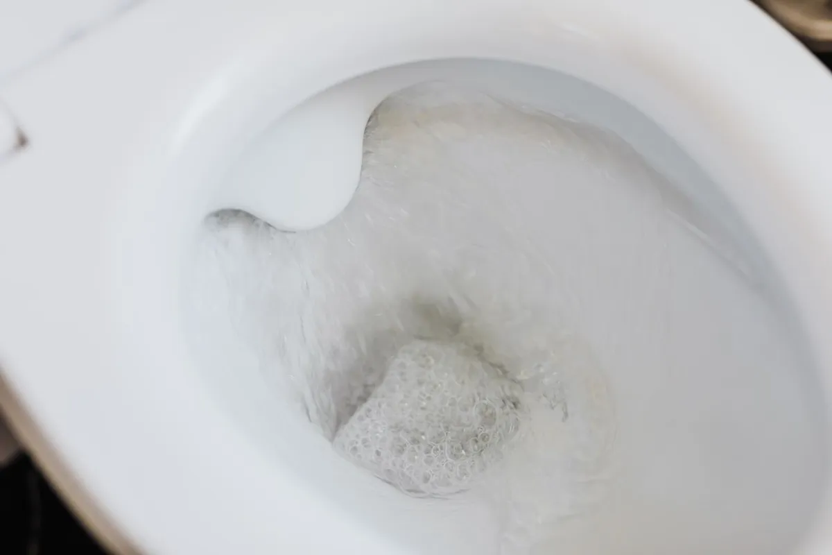 Cuvette de WC en céramique blanche vue du dessus pendant l'évacuation de la chasse.